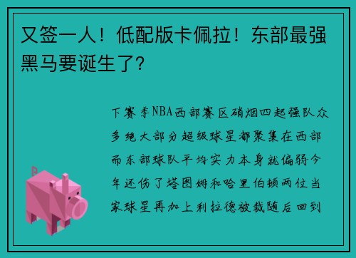 又签一人！低配版卡佩拉！东部最强黑马要诞生了？