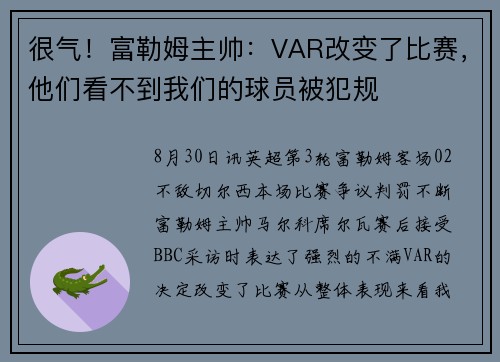 很气！富勒姆主帅：VAR改变了比赛，他们看不到我们的球员被犯规